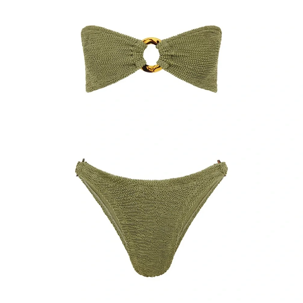 Hunza G Green Gloria Two Piece Bikini Set Swimwear One Size Moss Stretch